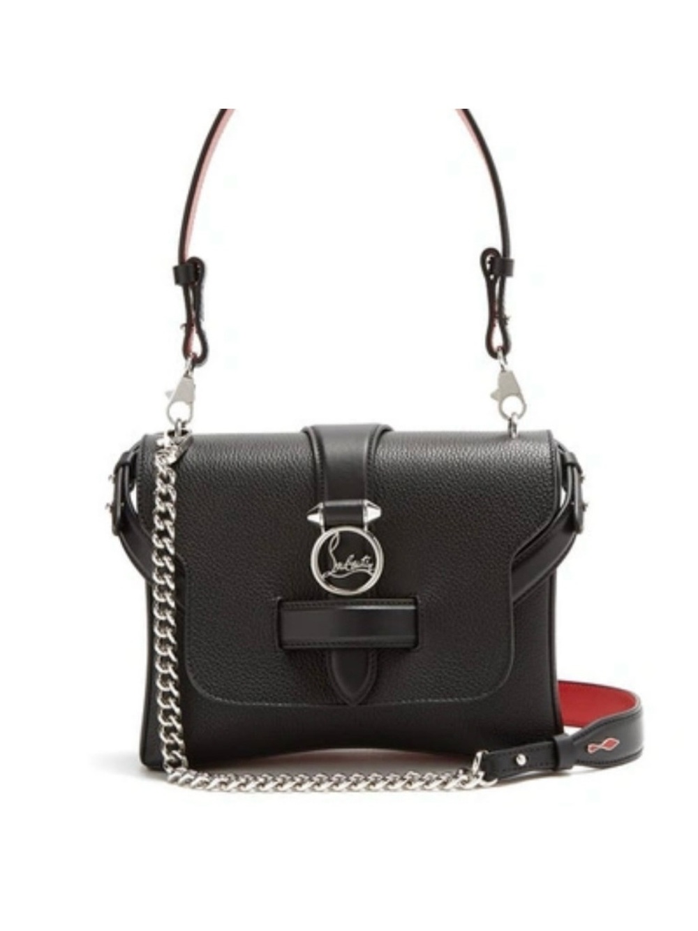 Christian Louboutin Black Leather Shoulder Bag with Silver Chain and Red Lining